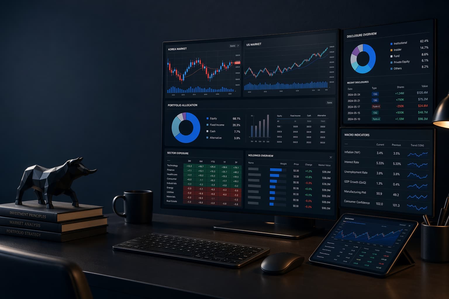 시장 데이터와 포트폴리오 분석 화면이 보이는 StockAnatomy 금융 대시보드