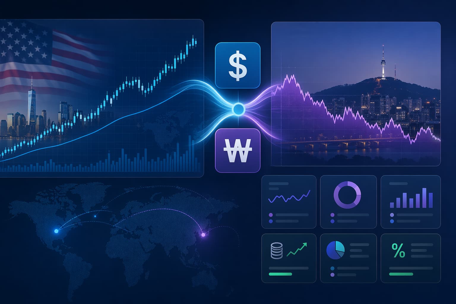 달러/원 투자수익 계산기 화면을 상징하는 금융 대시보드 이미지